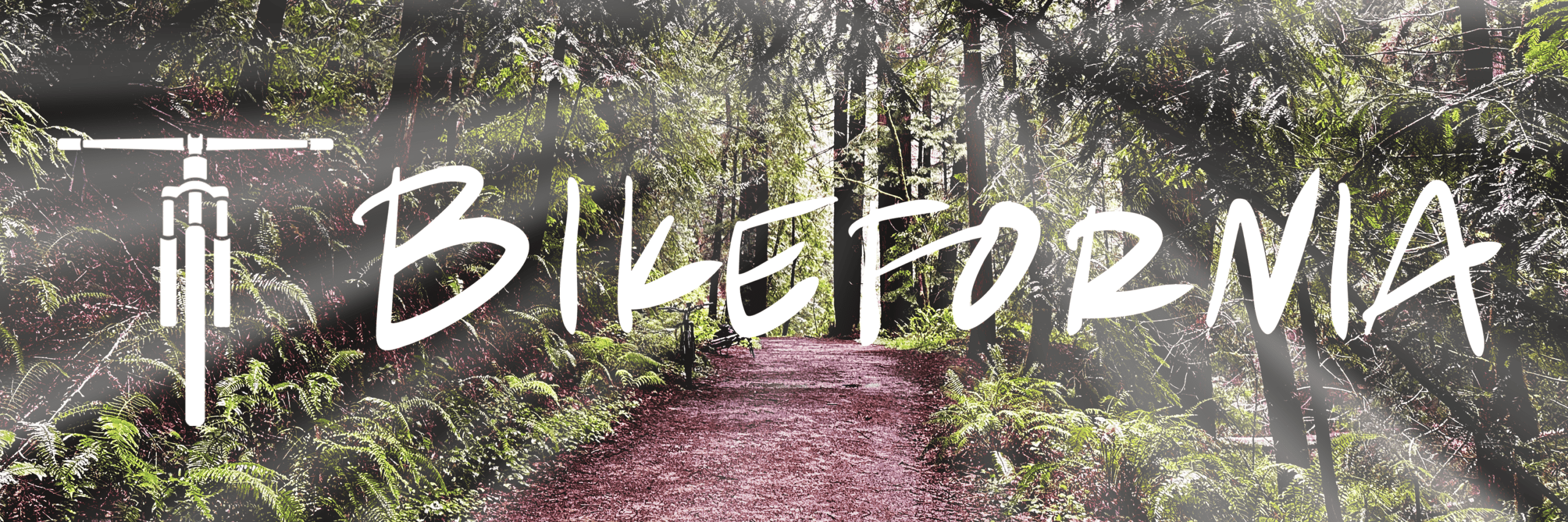 The logo for Bikefornia sits atop a redwood forest