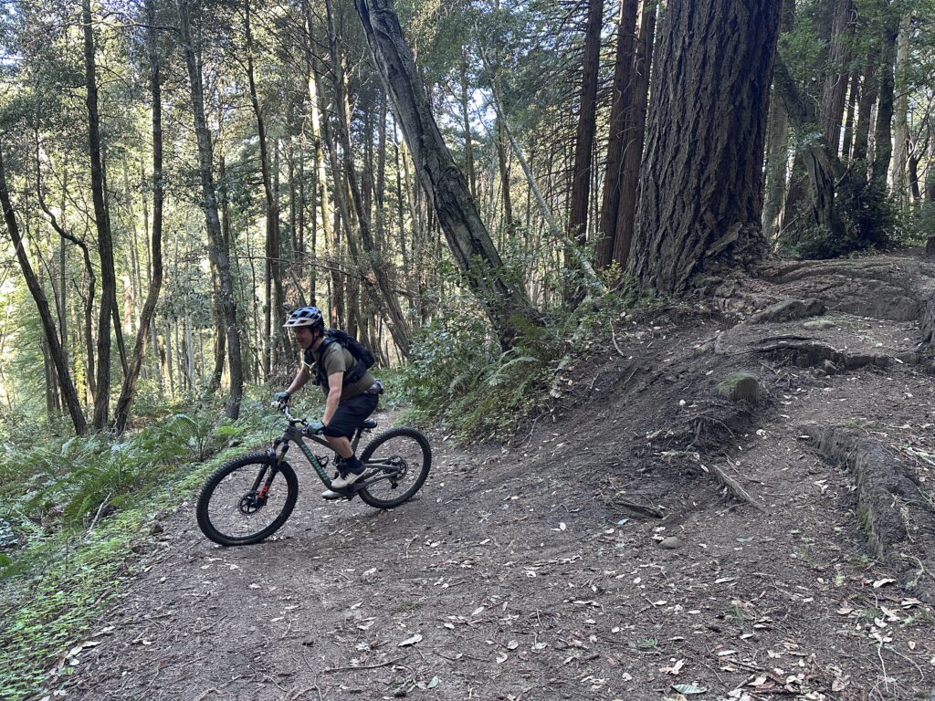 Yonas rides his bike over some roots along the loop in Wilder Ranch